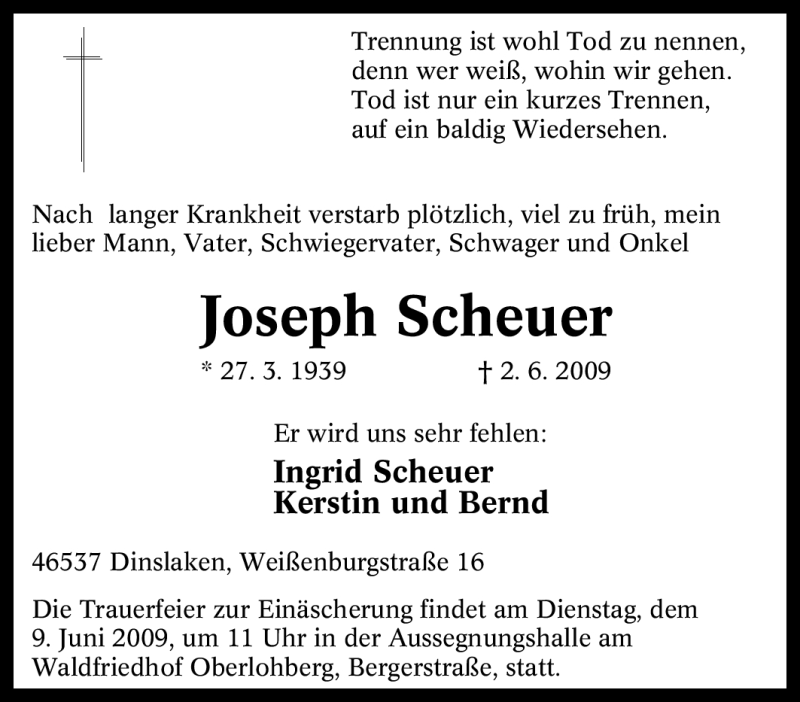 Traueranzeigen Von Joseph Scheuer Trauer In Nrw De