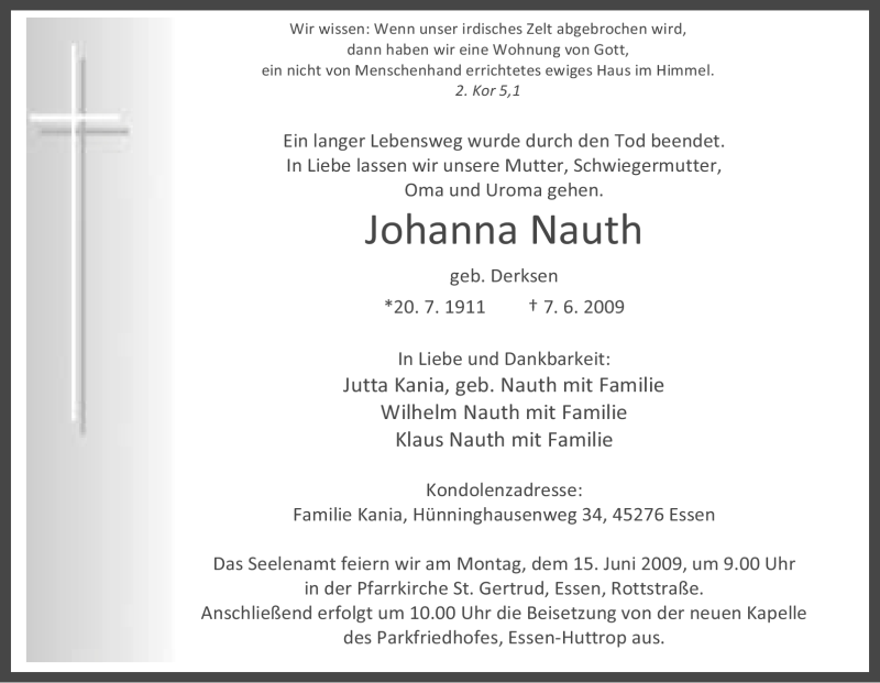 Traueranzeigen Von Johanna Nauth Trauer In NRW De