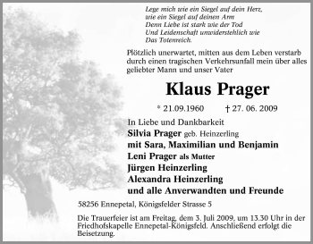 Traueranzeigen Von Klaus Prager Trauer In NRW De