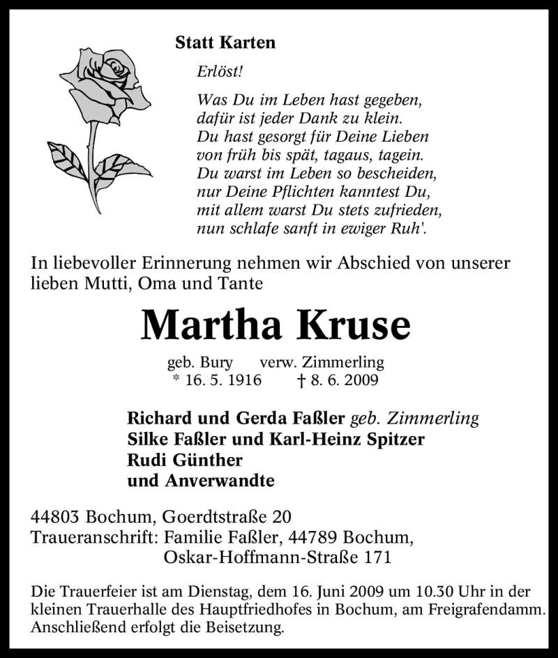 Traueranzeigen Von Martha Kruse Trauer In Nrw De