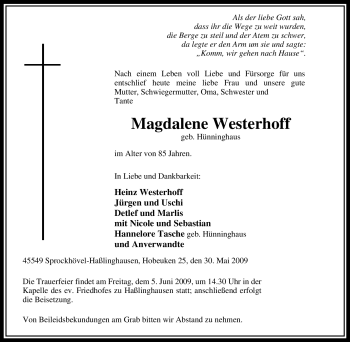 Traueranzeigen Von Magdalene Westerhoff Trauer In Nrw De