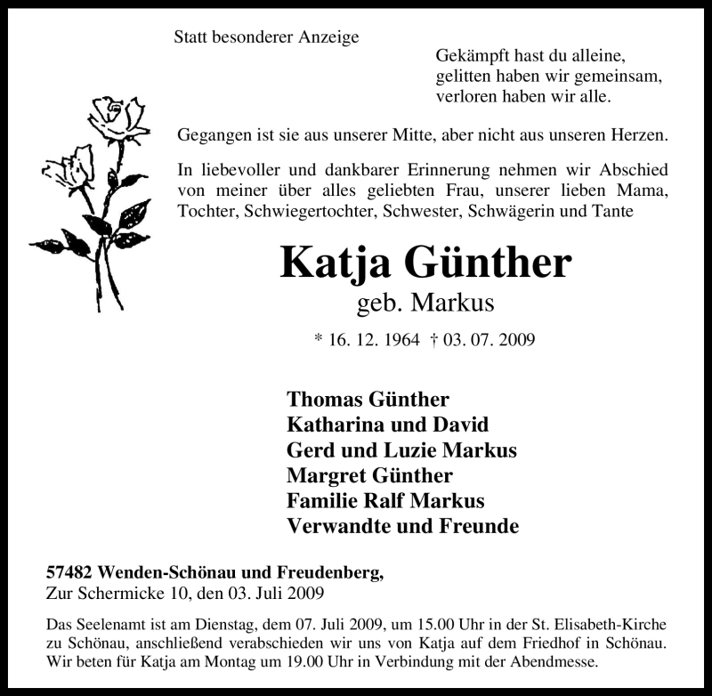 Traueranzeigen von Katja Günther Trauer in NRW de