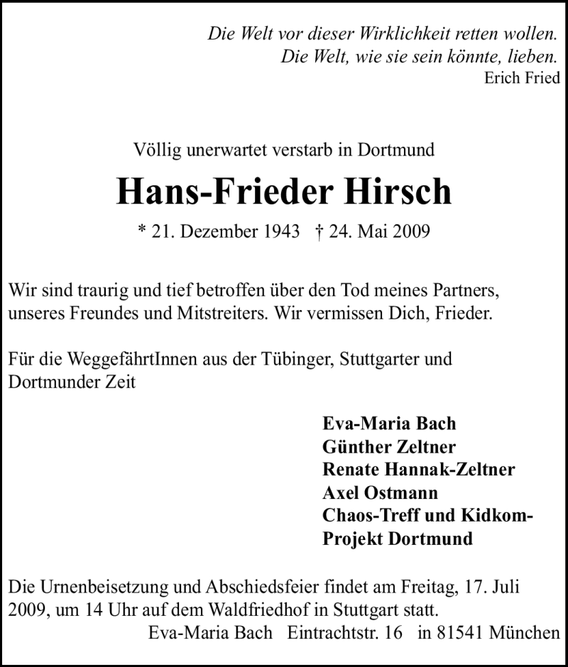 Traueranzeigen Von Hans Frieder Hirsch Trauer In Nrw De