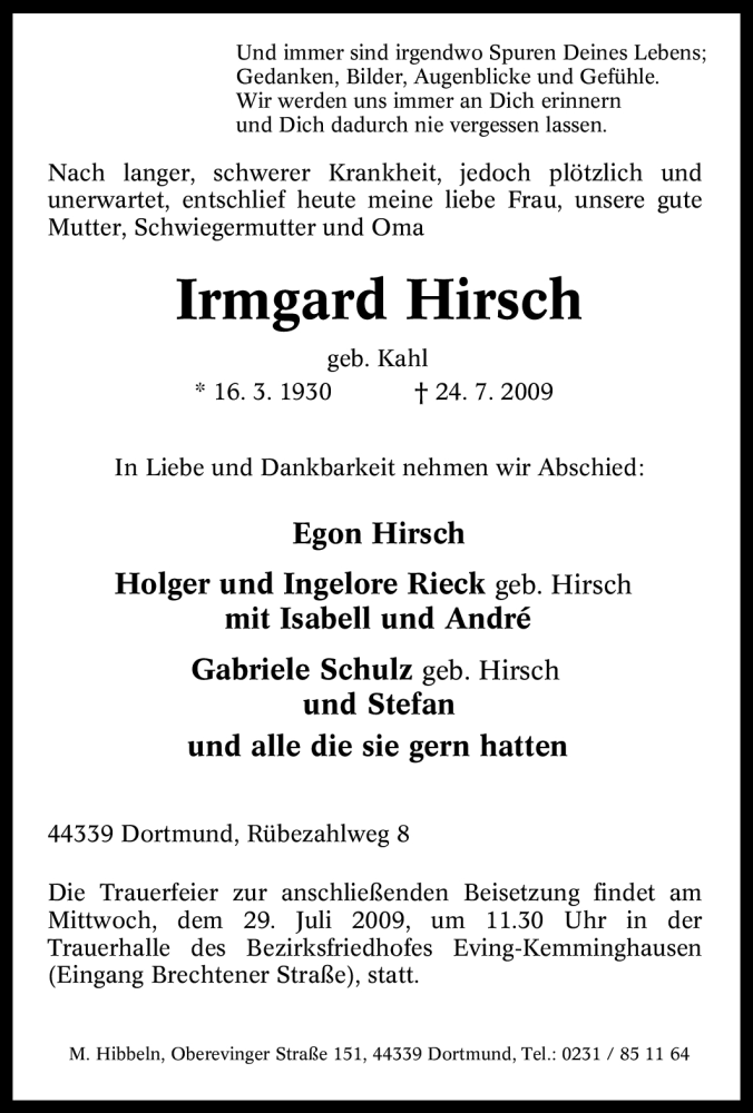 Traueranzeigen Von Irmgard Hirsch Trauer In Nrw De