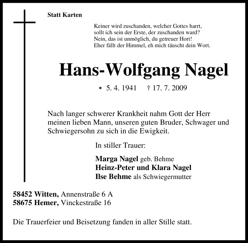 Traueranzeigen Von Hans Wolfgang Nagel Trauer In Nrw De