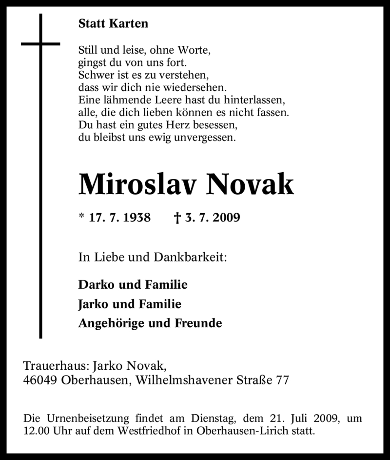 Traueranzeigen Von Miroslav Novak Trauer In NRW De