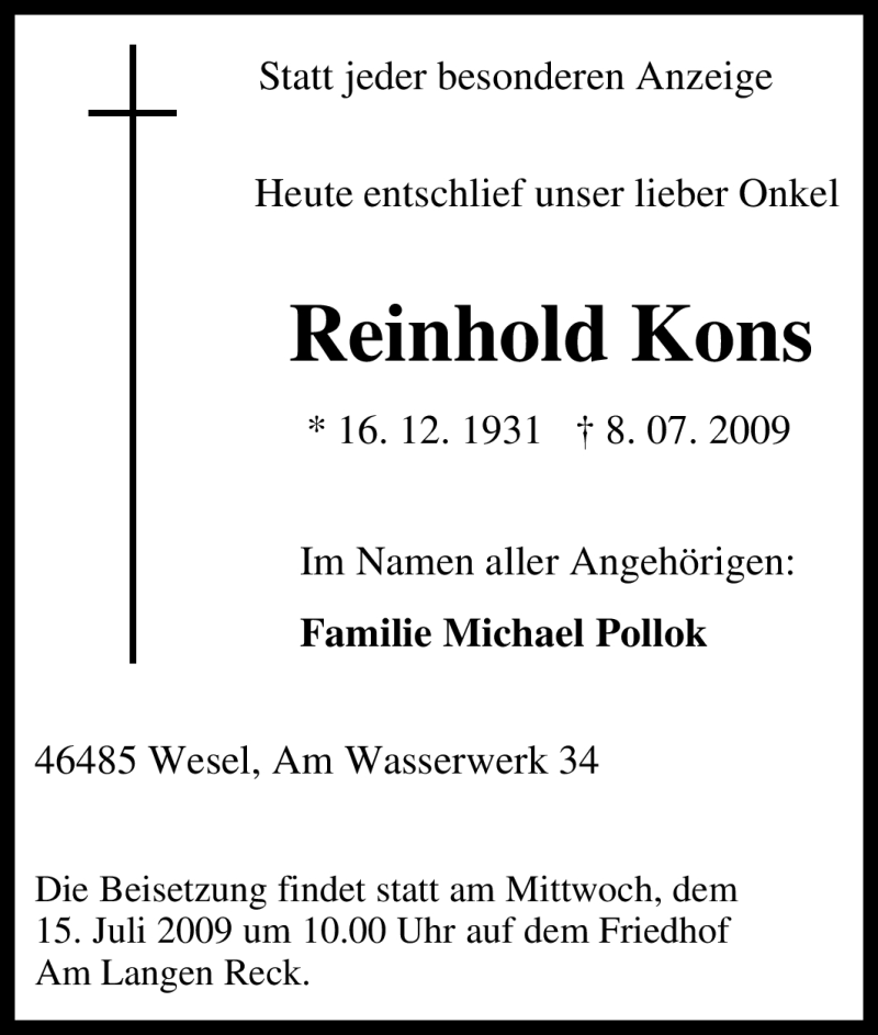 Traueranzeigen Von Reinhold Kons Trauer In Nrw De