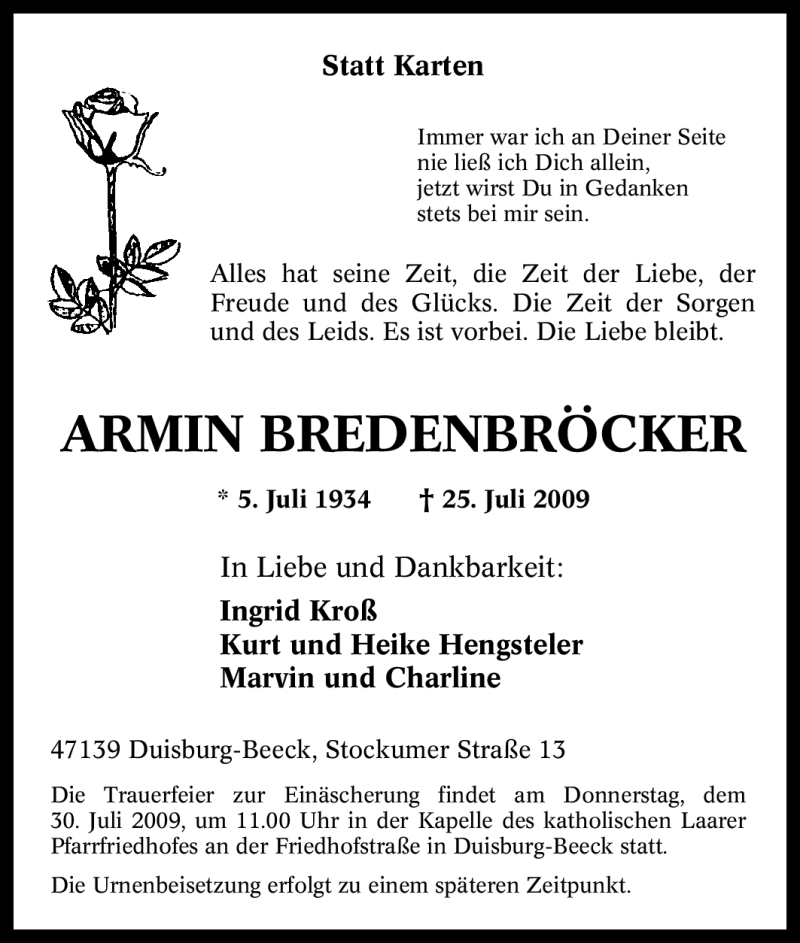 Traueranzeigen Von Armin Bredenbr Cker Trauer In Nrw De