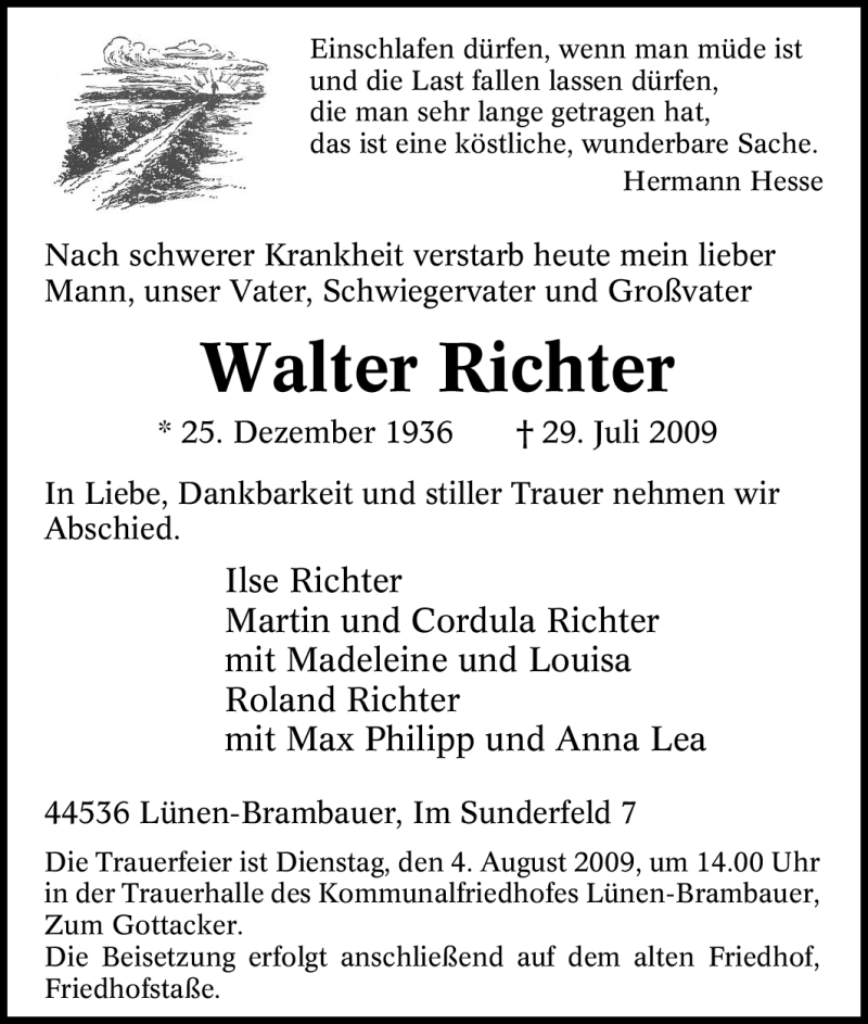 Traueranzeigen Von Walter Richter Trauer In Nrw De