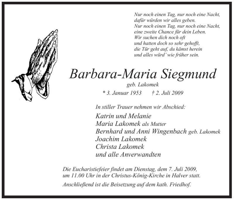 Traueranzeigen Von Barbara Maria Siegmund Trauer In Nrw De