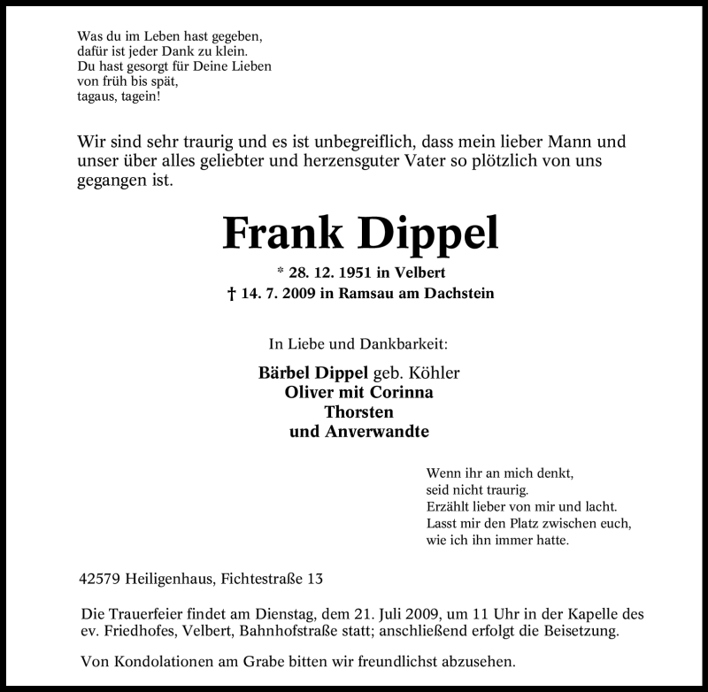 Traueranzeigen Von Frank Dippel Trauer In Nrw De