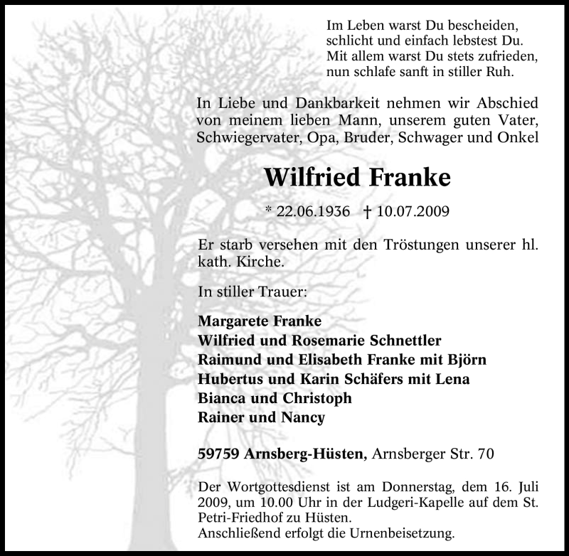 Traueranzeigen Von Wilfried Franke Trauer In Nrw De