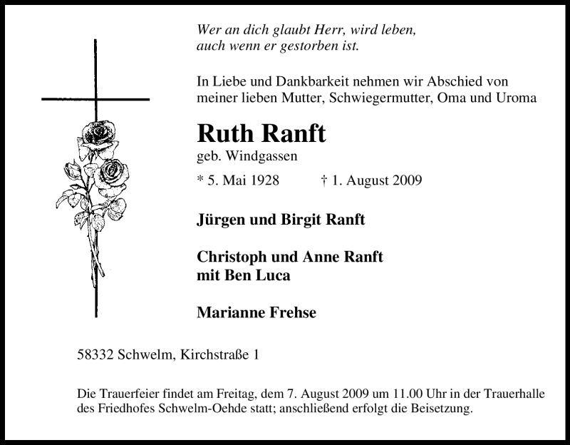 Traueranzeigen Von Ruth Ranft Trauer In NRW De