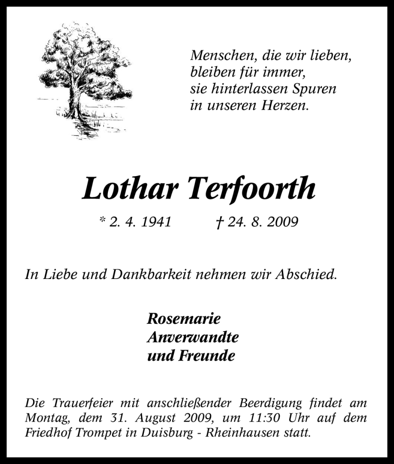 Traueranzeigen Von Lothar Terfoorth Trauer In Nrw De