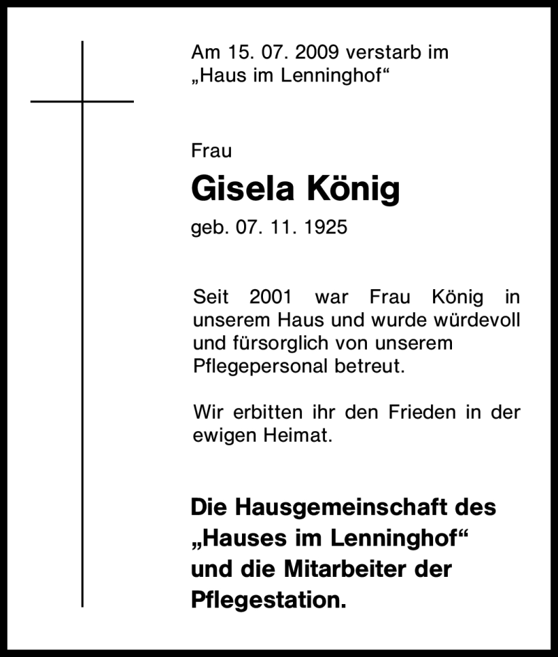 Traueranzeigen von Gisela König Trauer in NRW de