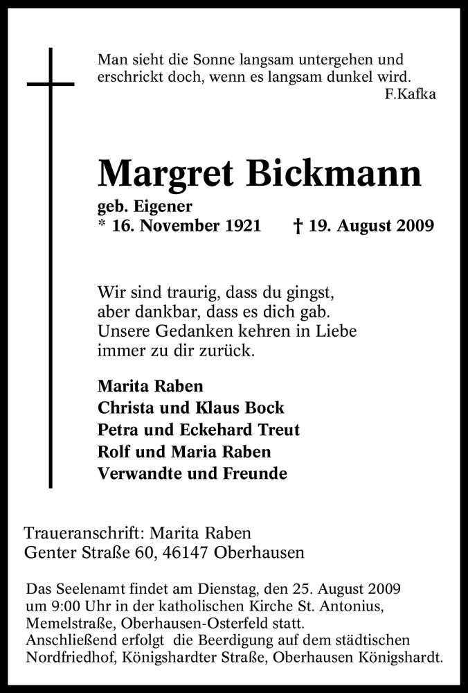 Traueranzeigen Von Margret Bickmann Trauer In NRW De