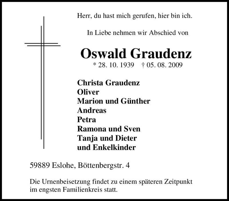 Traueranzeigen Von Oswald Graudenz Trauer In Nrw De