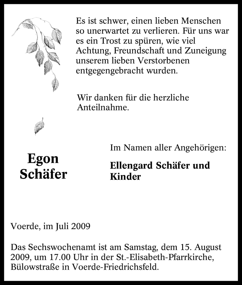 Traueranzeigen von Egon Schäfer Trauer in NRW de