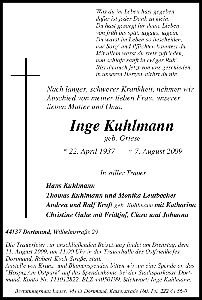 Traueranzeigen Von Inge Kuhlmann Trauer In Nrw De