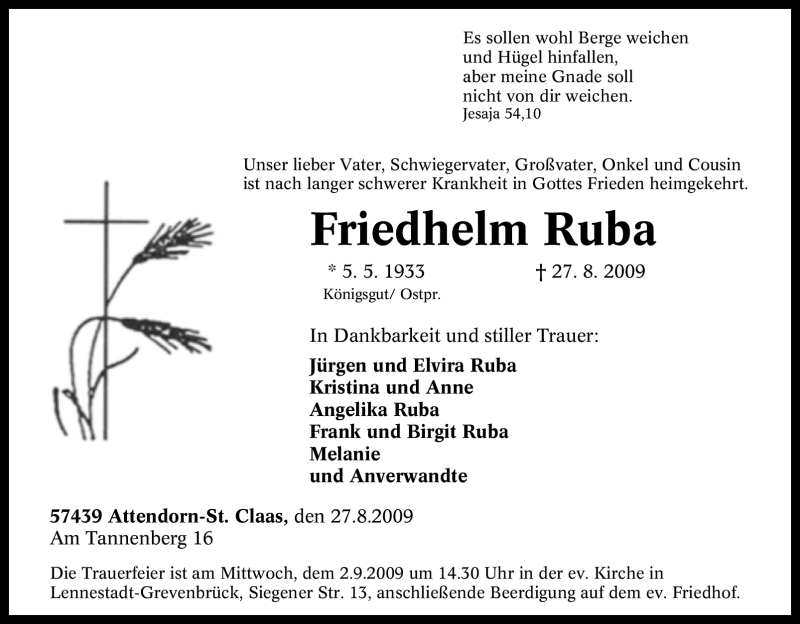 Traueranzeigen Von Friedhelm Ruba Trauer In Nrw De