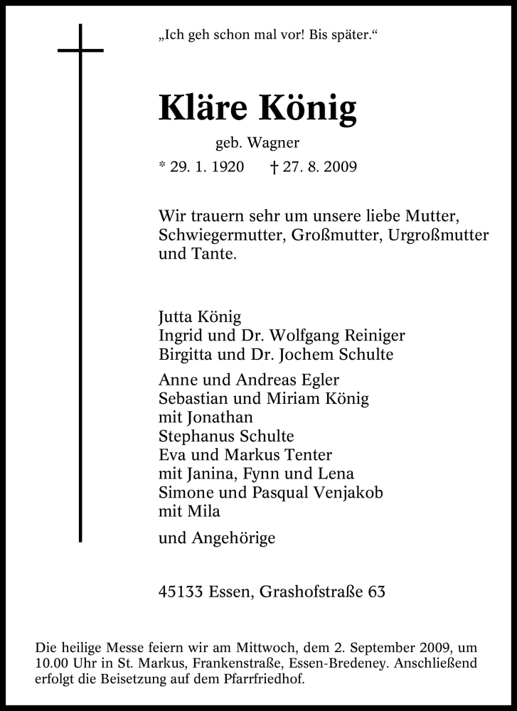 Traueranzeigen Von Kl Re K Nig Trauer In Nrw De