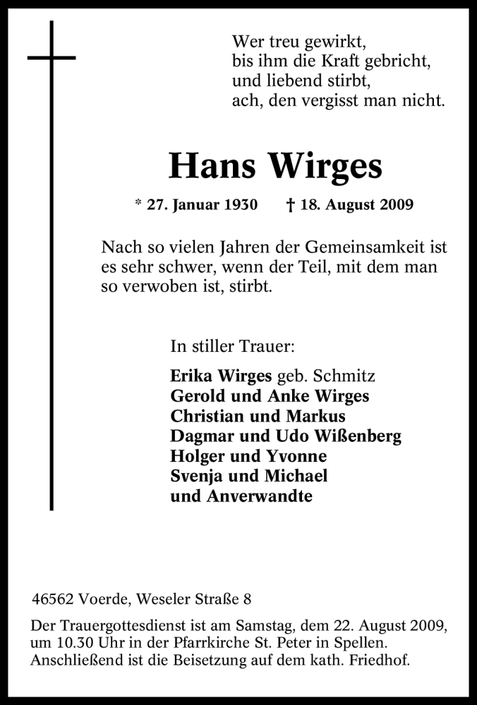 Traueranzeigen Von Hans Wirges Trauer In Nrw De