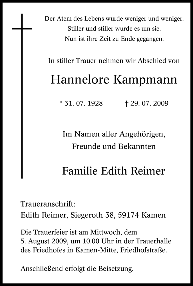 Traueranzeigen Von Hannelore Kampmann Trauer In Nrw De