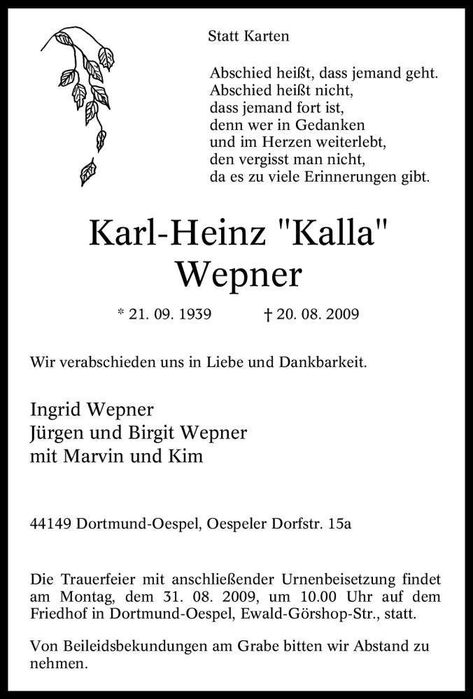 Traueranzeigen Von Karl Heinz Wepner Trauer In NRW De