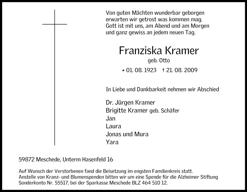 Traueranzeigen Von Franziska Kramer Trauer In Nrw De