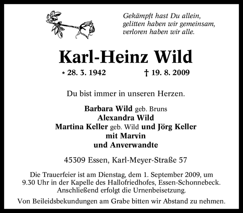 Traueranzeigen Von Karl Heinz Wild Trauer In Nrw De