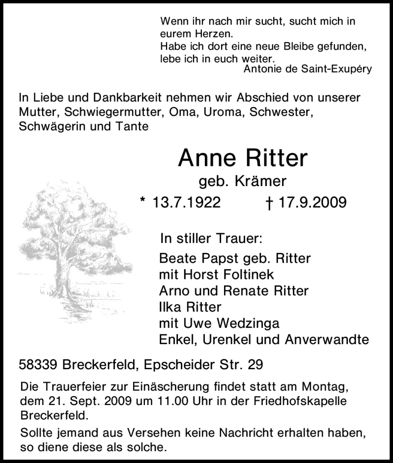 Traueranzeigen Von Anne Ritter Trauer In Nrw De