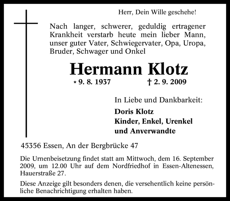 Traueranzeigen Von Hermann Klotz Trauer In Nrw De