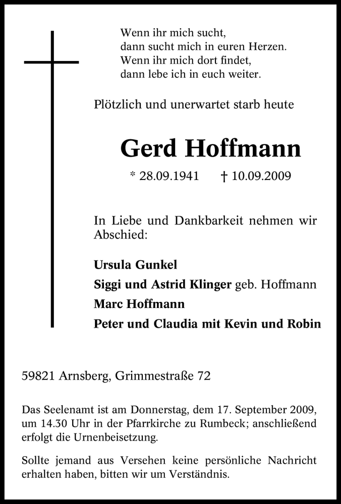 Traueranzeigen Von Gerd Hoffmann Trauer In NRW De