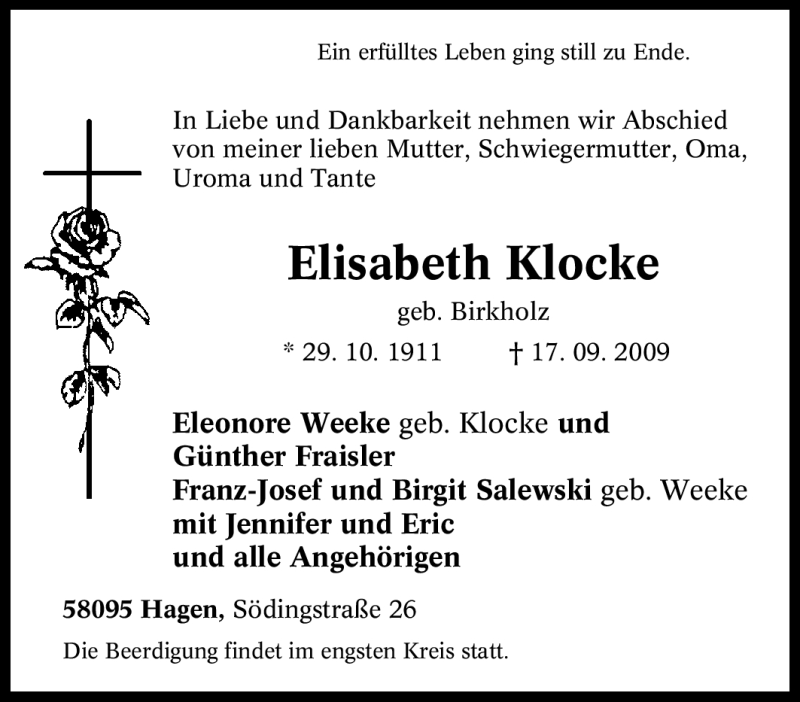 Traueranzeigen Von Elisabeth Klocke Trauer In Nrw De