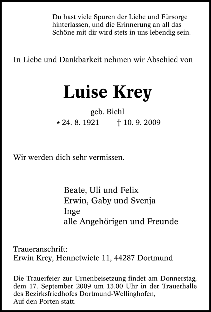 Traueranzeigen Von Luise Krey Trauer In NRW De