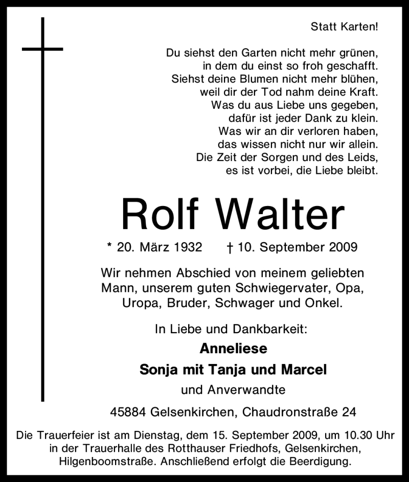 Traueranzeigen Von Rolf Walter Trauer In NRW De