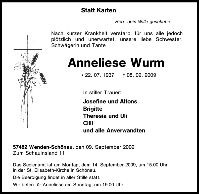 Traueranzeigen Von Anneliese Wurm Trauer In Nrw De