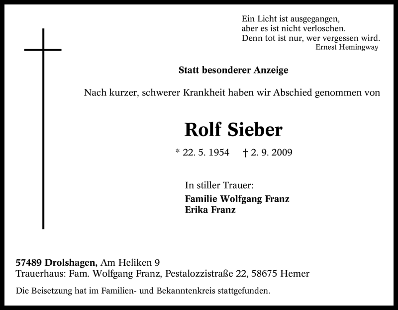 Traueranzeigen Von Rolf Sieber Trauer In NRW De