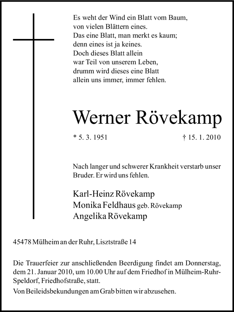 Traueranzeigen von Werner Rövekamp Trauer in NRW de