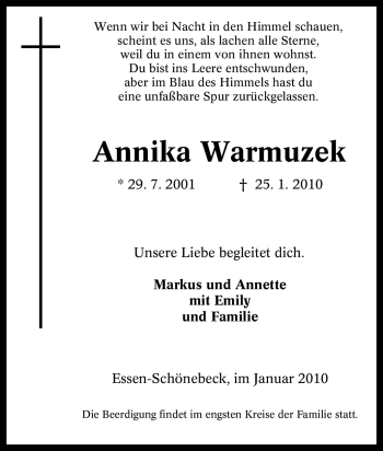 Traueranzeigen Von Annika Warmuzek Trauer In NRW De