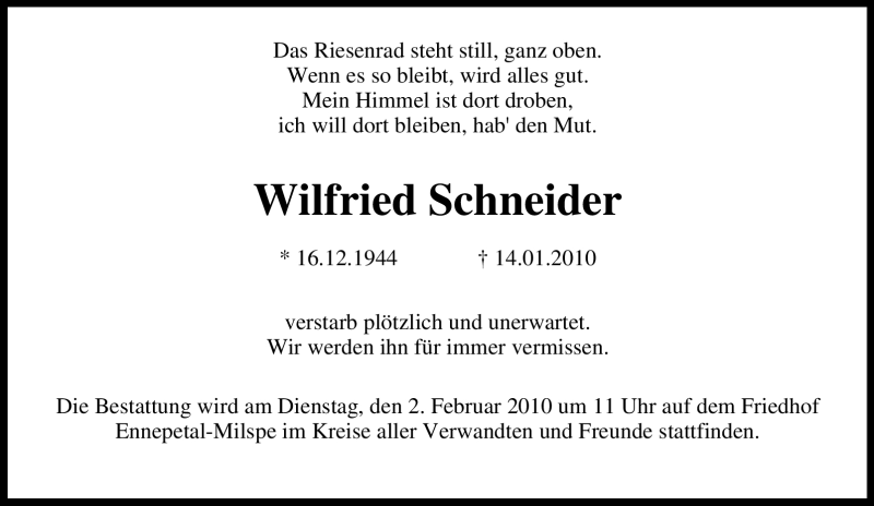 Traueranzeigen Von Wilfried Schneider Trauer In Nrw De