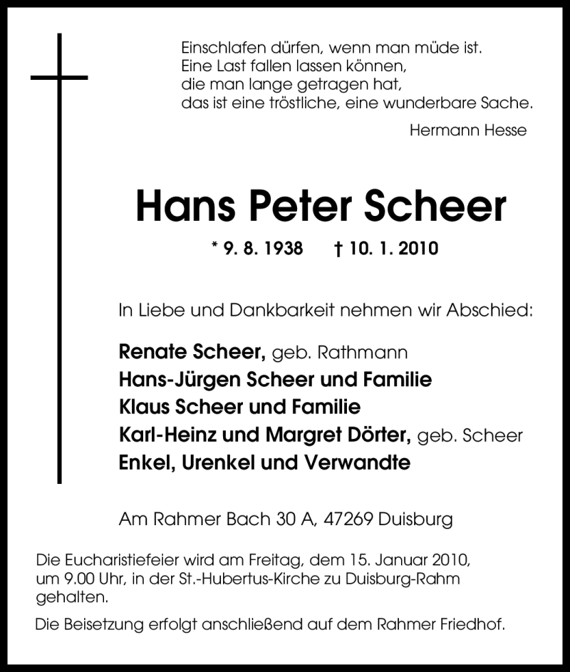 Traueranzeigen Von Hans Peter Scheer Trauer In Nrw De