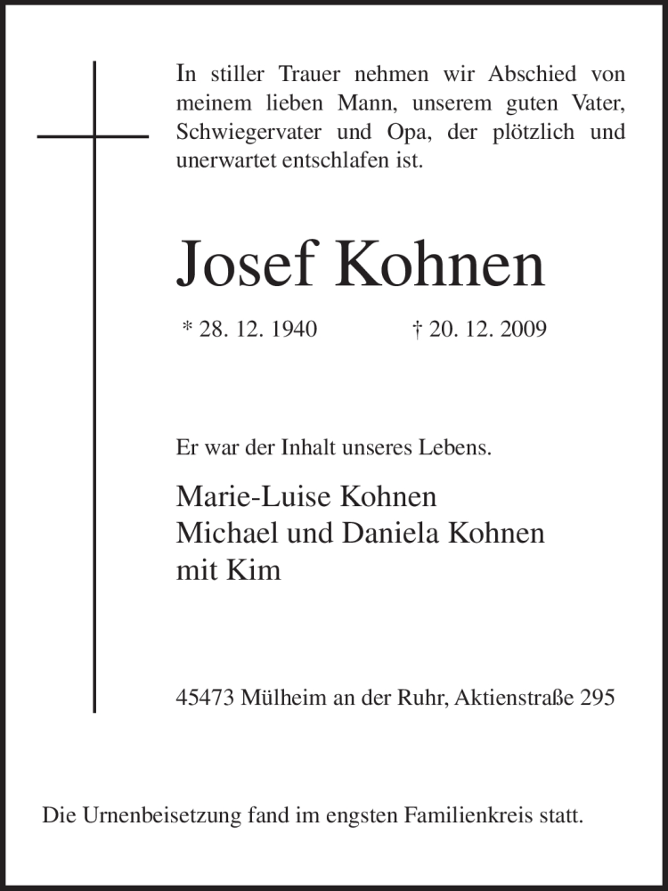 Traueranzeigen Von Josef Kohnen Trauer In NRW De