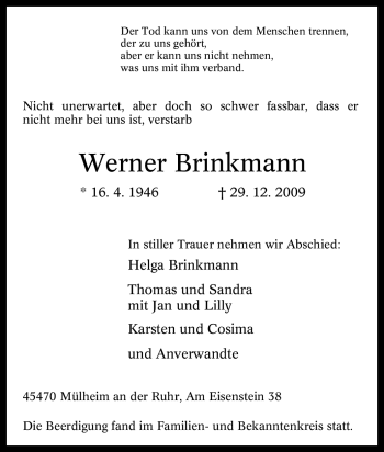 Traueranzeigen Von Werner Brinkmann Trauer In Nrw De