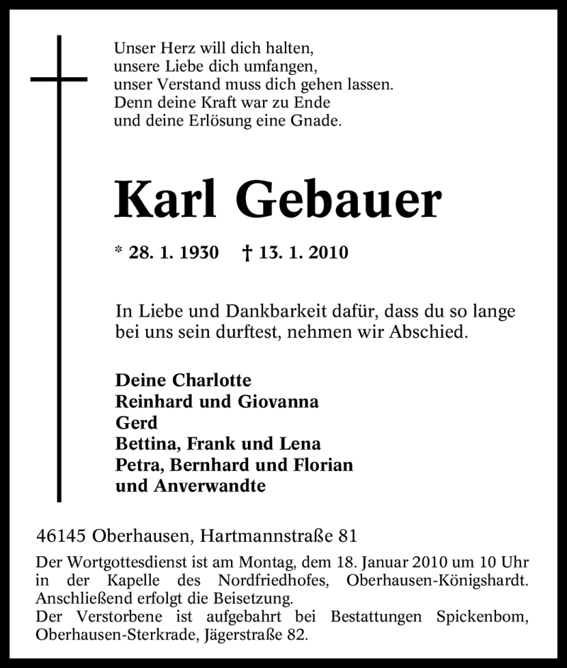 Traueranzeigen Von Karl Gebauer Trauer In Nrw De