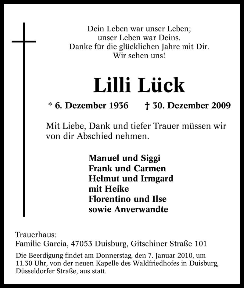 Traueranzeigen Von Lilli L Ck Trauer In Nrw De