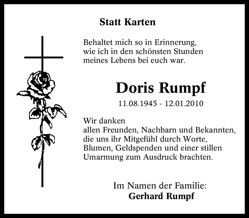 Traueranzeigen Von Doris Rumpf Trauer In NRW De