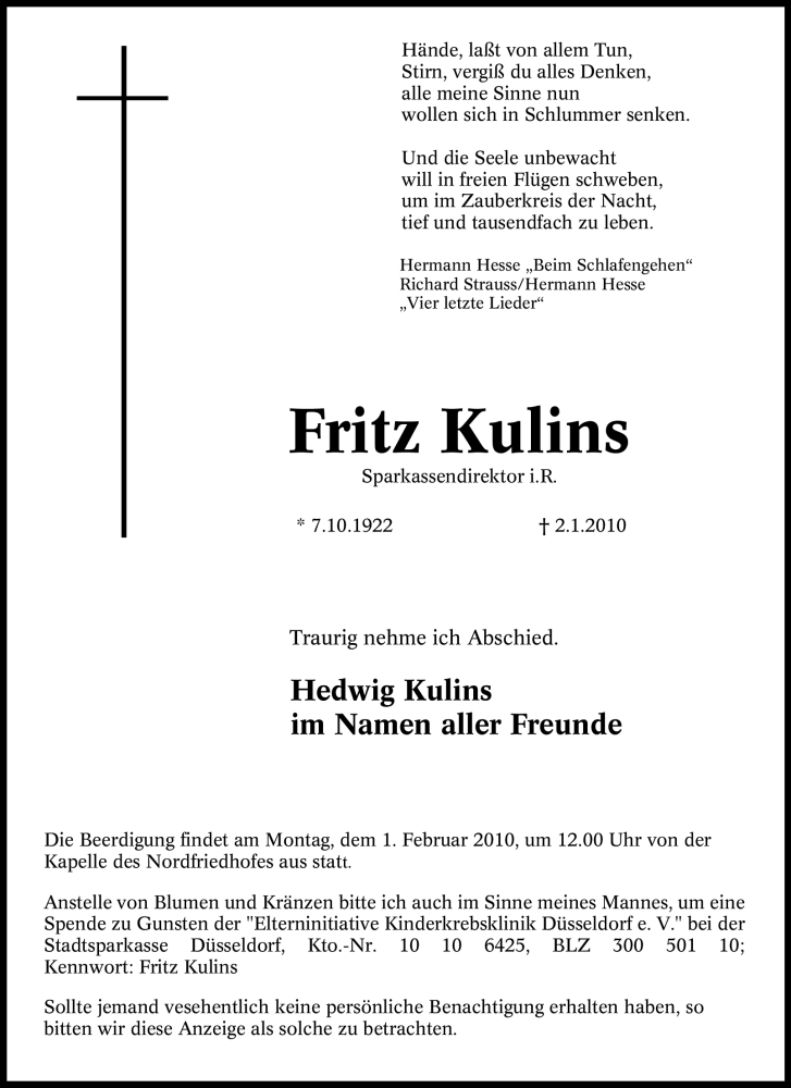 Traueranzeigen Von Fritz Kulins Trauer In Nrw De