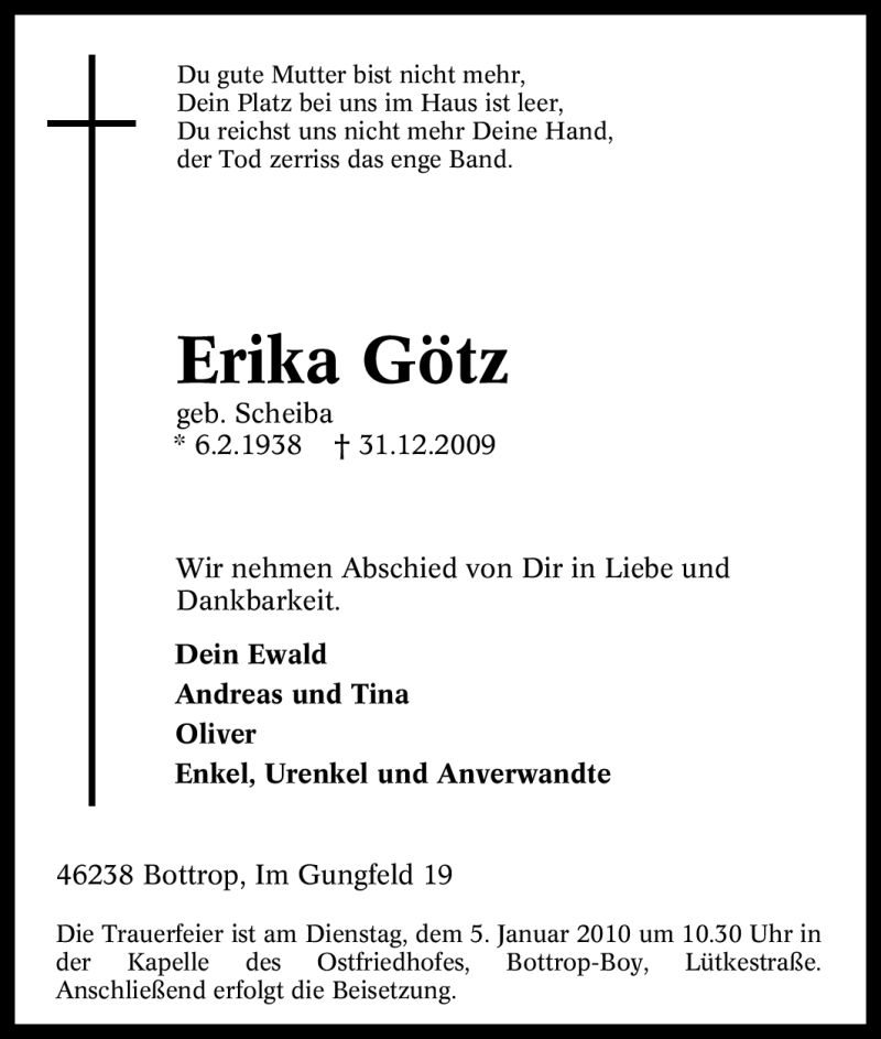 Traueranzeigen Von Erika G Tz Trauer In Nrw De