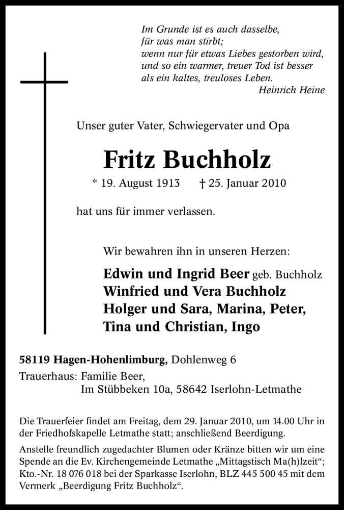 Traueranzeigen Von Fritz Buchholz Trauer In Nrw De